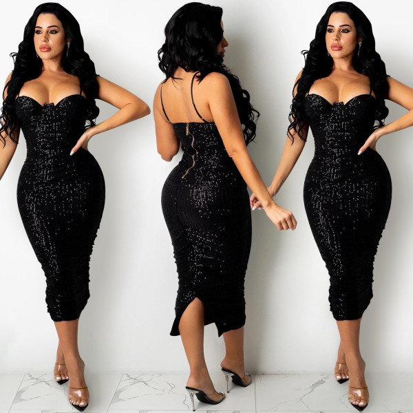 Sexy Sequins Spaghetti Strap Split Club Dress BY-5387