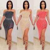 Sexy Hot Drilling Off Shoulder Irregular Long Club Dress BY-5046