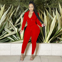 Solid Hooded Zipper Long Sleeve 2 Piece Pants Set TE-4360