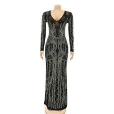 Sexy Mesh Hot Drilling Long Sleeve Maxi Club Dress BY-5002