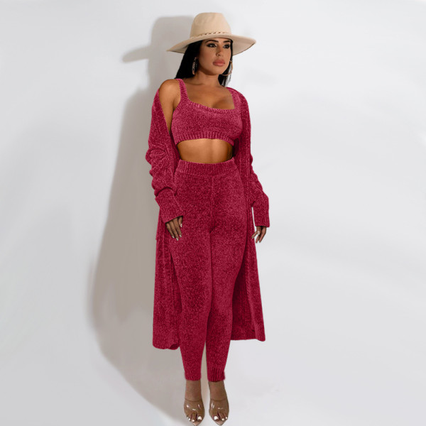 Knitted Long Cloak+Tank Top+Pants 3 Piece Sets MDF-5274