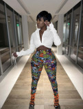 Sexy Long Sleeve Top+Printed Pants Two Piece Sets FENF-197