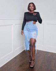 Plus Size Denim Ripped Hole High Waist Irregular Midi Skirt OD-8467