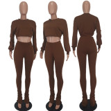 Solid Long Sleeve Crop Top Pile Pants 2 Piece Sets YD-8544