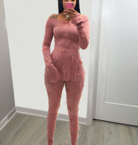 Solid Long Sleeve Split Top And Pants 2 Piece Sets BN-9308