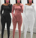Solid Long Sleeve Split Top And Pants 2 Piece Sets BN-9308