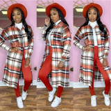 Plaid Full Sleeve Split Casual Long Coat CY-6560