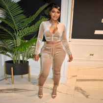 Solid Velvet Zipper Coat And Pants Two Piece Sets SH-390241