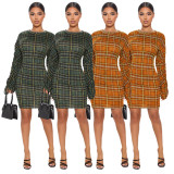 Plaid Ruched Sleeve Slim Mini Dress ASL-6528