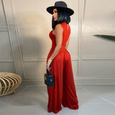Solid Sleeveless Bodysuit Wide Leg Pants Two Piece Sets FSXF-F328