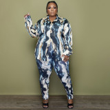 Plus Size Casual Printed Shirt Top And Pants 2 Piece Sets NNWF-7395