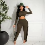 Solid Long Sleeve Tassel Pants Two Piece Sets OYF-8287