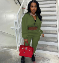 Solid Zipper Long Sleeve Crop Top And Pants 2 Piece Sets WY-6866