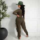 Solid Long Sleeve Tassel Pants Two Piece Sets OYF-8287