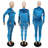 Solid Hole Long Sleeve Slim Two Piece Pants Set WSM-5291