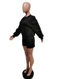 Solid Long Sleeve Top And Shorts Two Piece Sets MEM-88409