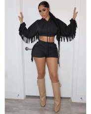 Solid Tassel Hooded Long Sleeve 2 Piece Shorts Set MEM-88408