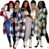 Plaid Full Sleeve Buttons Long Coat ASL-6525