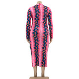 Plus Size Printed Long Sleeve Slim Maxi Dress OSIF-21401
