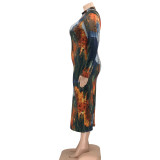 Plus Size Printed Long Sleeve Slim Maxi Dress OSIF-21401