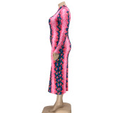 Plus Size Printed Long Sleeve Slim Maxi Dress OSIF-21401