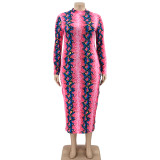 Plus Size Printed Long Sleeve Slim Maxi Dress OSIF-21401