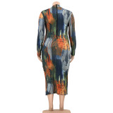 Plus Size Printed Long Sleeve Slim Maxi Dress OSIF-21401