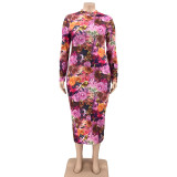 Plus Size Printed Long Sleeve Slim Maxi Dress OSIF-21401