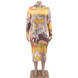 Plus Size Printed Long Sleeve Slim Maxi Dress OSIF-21401