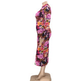 Plus Size Printed Long Sleeve Slim Maxi Dress OSIF-21401