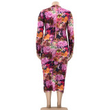 Plus Size Printed Long Sleeve Slim Maxi Dress OSIF-21401