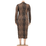 Plus Size Printed Long Sleeve Slim Maxi Dress OSIF-21401