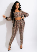 Snake Skin Print Zipper Coat+Tube Top+Pants 3 Piece Sets SHD-9356