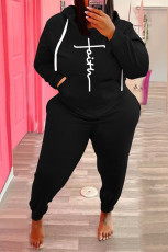 Plus Size Fleece Letter Print Hooded 2 Piece Sets WAF-773301