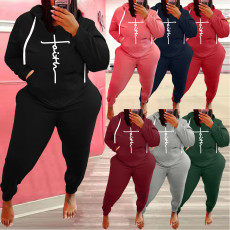 Plus Size Fleece Letter Print Hooded 2 Piece Sets WAF-773301