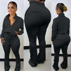 Plus Size Solid Zipper Long Sleeve 2 Piece Pants Set OMY-80081