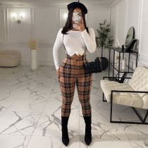 Casual Long Sleeve Top+Plaid Sling Jumpsuit 2 Piece Sets OLYF-96084