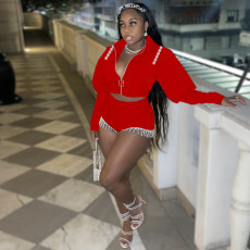 Solid Zipper Short Jacket And Shorts Two Piece Sets TE-4356