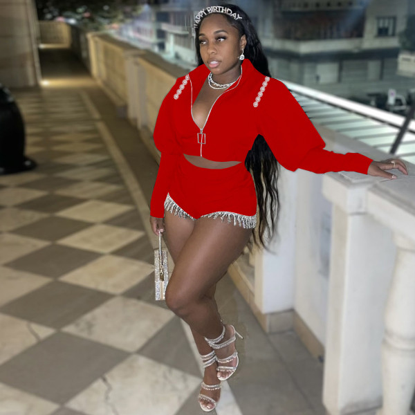 Solid Zipper Short Jacket And Shorts Two Piece Sets TE-4356