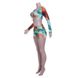 Sexy Printed Long Sleeve Crop Top Mini Skirt 2 Piece Sets JZHF-8029
