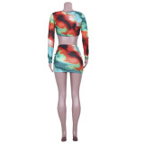 Sexy Printed Long Sleeve Crop Top Mini Skirt 2 Piece Sets JZHF-8029