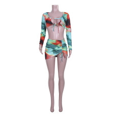 Sexy Printed Long Sleeve Crop Top Mini Skirt 2 Piece Sets JZHF-8029