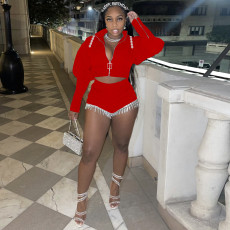 Solid Zipper Short Jacket And Shorts Two Piece Sets TE-4356