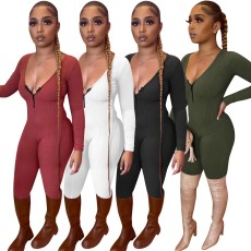 Solid Long Sleeve Zipper Tight Jumpsuit MOF-6662