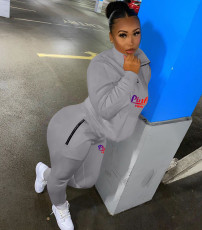 Pink Letter Print Casual Sports Two Piece Pants Set NYF-8096