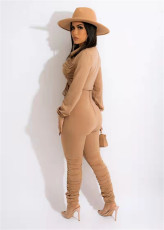 Solid Long Sleeve Drawstring Ruched Two Piece Sets FENF-203