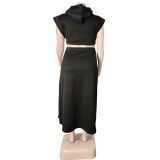 Plus Size Solid Fleece Hooded Top Split Long Skirt 2 Piece Sets WAF-77385