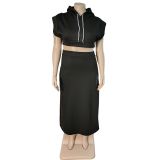 Plus Size Solid Fleece Hooded Top Split Long Skirt 2 Piece Sets WAF-77385