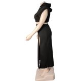 Plus Size Solid Fleece Hooded Top Split Long Skirt 2 Piece Sets WAF-77385