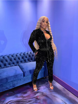 Velvet Sequin Zipper Coat And Pants 2 Piece Sets CM-2169